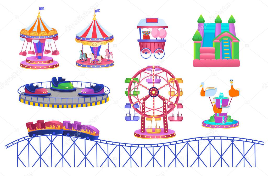 Theme Park set with electric cars, ferris wheel, carrousel, trampoline. Amusement park. Vector illustration for children.