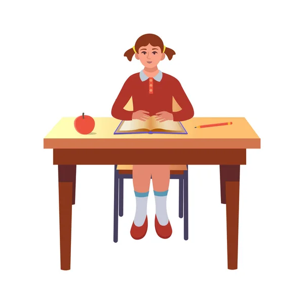 Dziewczyna Siedząca Przy Biurku Lekcji Postać Kreskówki Płaskim Stylu — Wektor stockowy