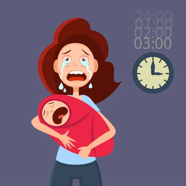 Tired Mother Holding Crying Baby Artoon Vector Illustration Postpartum Depression — 图库矢量图片