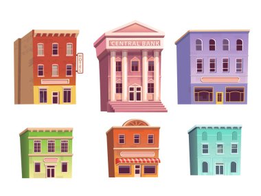  Şehir için evleri, dükkanları, kafesi, oteli, bankası olan elementler. Oyunlar ve mobil uygulamalar için arkaplan.