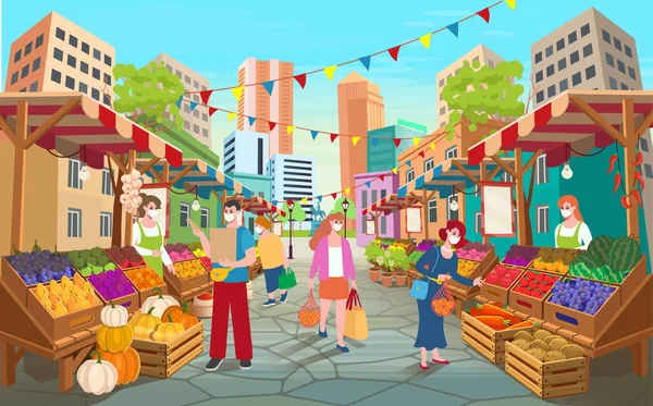 Organik Gıda Pazarı Sokağı Insanlarla Dolu Meyve Sebzeli Gıda Tezgahları — Stok Vektör