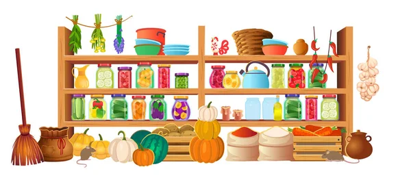 白を背景に棚に食料が保存されているパントリー セラー 野菜や果物 ガラス瓶が置かれた貯蔵室のベクトル漫画のインテリア 缶詰の野菜や果物 — ストックベクタ