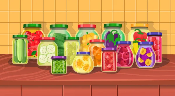 キッチンのテーブルの上に缶詰の野菜や果物 ガラス瓶セット 白い背景に孤立した漫画のベクトルイラスト — ストックベクタ