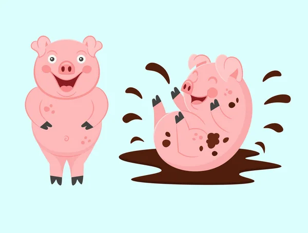Funny Pigs Dirty Little Pig Playing Puddle Vector Illustration — Stock Vector