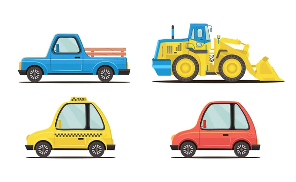 Conjunto Máquinas Hechas Estilo Plano Recogida Minivan Taxi Tractor — Vector de stock