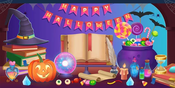 Fijne Halloween Halloween Tafel Met Ketel Pompoenen Snoep Hoed Magische — Stockvector