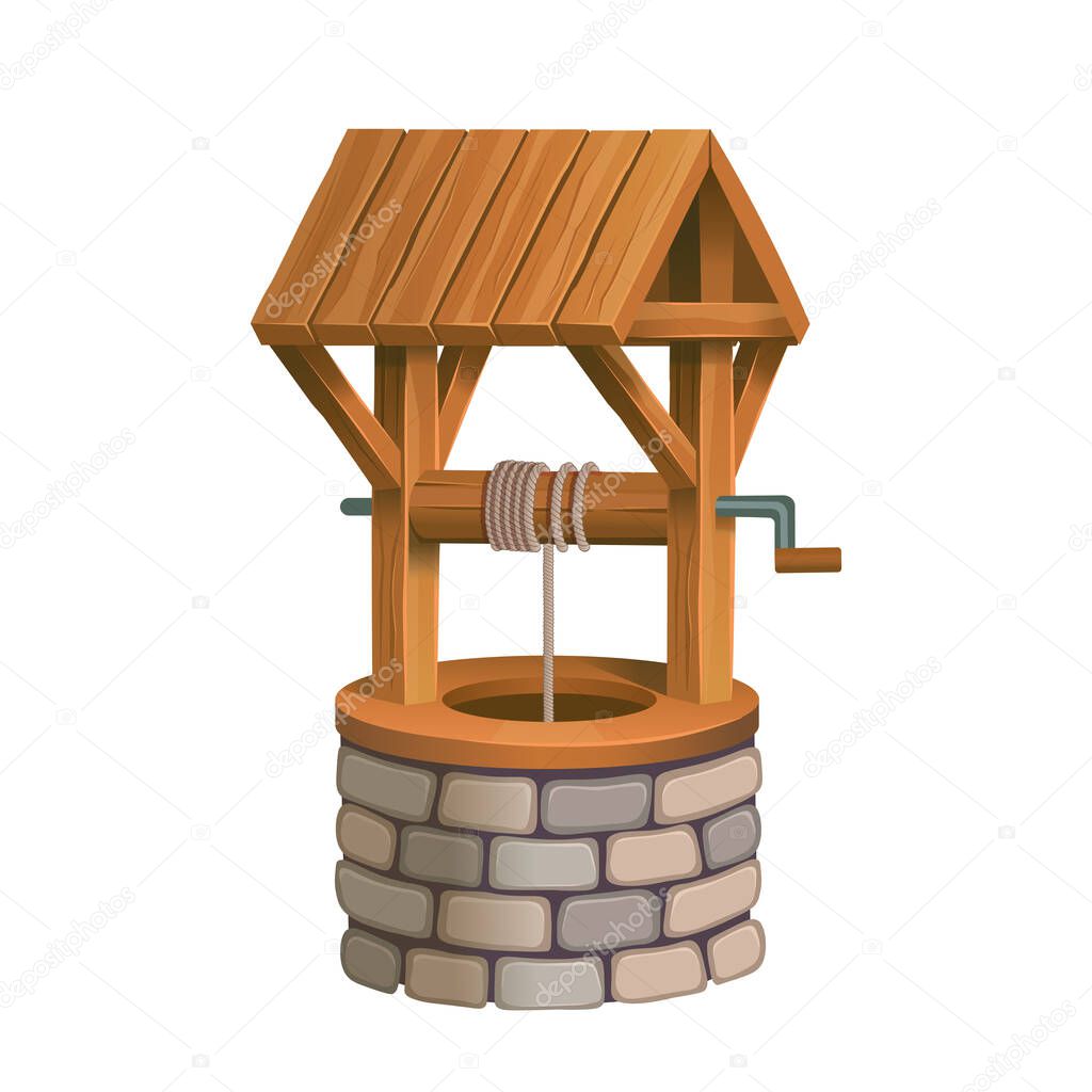 Old village stone well with wooden roof. Cartoon vector isolated on white background