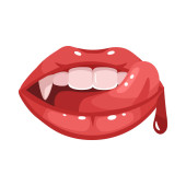 Mund mit Zunge leckt Zähne. Rote Vampirlippen. Mund mit langen Eckzähnen.