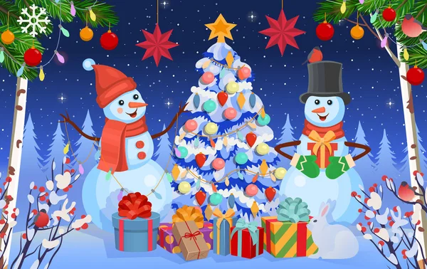 Karácsonyi Háttér Hóemberrel Fenyőfával Ajándékokkal Télen Téli Erdő Fogalom Téli — Stock Vector