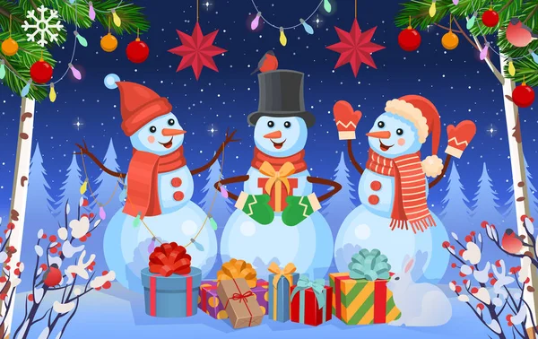 Kerst Achtergrond Met Sneeuwpoppen Geschenken Winterbos Winter Concept Van Winter — Stockvector