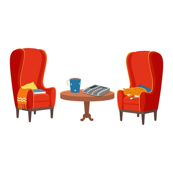 Fauteuils Rouges Avec Table Bois — Image vectorielle