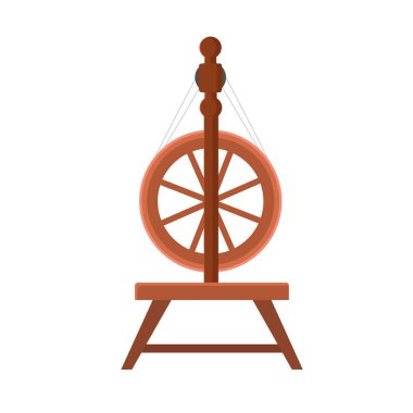  Geleneksel ahşap çizgi film distaff, spindle, spin tekerlek. Çizgi film düz vektör çizimi beyaz arkaplanda izole edildi.
