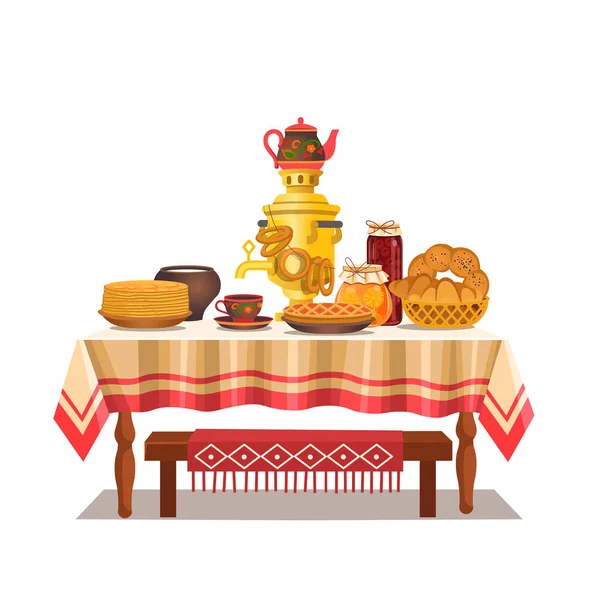 Feestelijke Russische Tafel Met Een Samovar Pannenkoeken Bagels Taart Jam — Stockvector