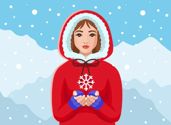 Kışın Elinde Kar Tanesi Tutan Kırmızı Ceketli Bir Kız Kış — Stok Vektör