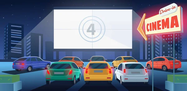 Aparcamiento Aire Libre Cine Coches Con Pantalla Blanca Contando Los — Vector de stock