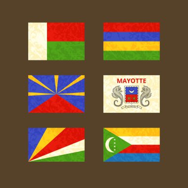 Madagaskar, Reunion, Seyşeller, Mauritius, Mayotte ve Komor bayrakları 