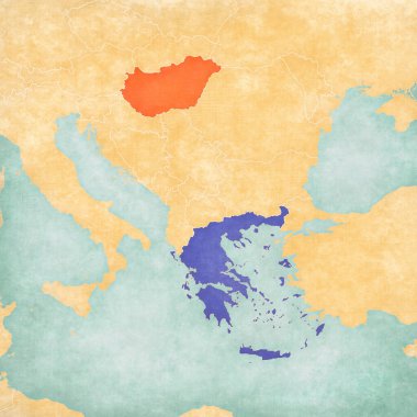 Macaristan ve Yunanistan, suluboya resimli eski kağıt gibi yumuşak grunge ve vintage tarzında Balkanlar haritasında. 