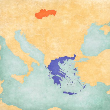 Slovakya ve Yunanistan, suluboya resimli eski kağıt gibi yumuşak grunge ve vintage tarzında Balkanlar haritasında. 