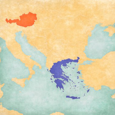 Avusturya ve Yunanistan, suluboya resimli eski bir kağıt gibi yumuşak grunge ve vintage tarzında Balkanlar haritasında yer alıyorlar. 