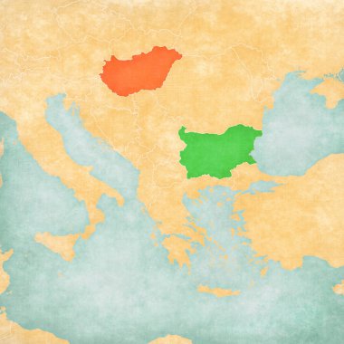 Macaristan ve Bulgaristan, suluboya resimli eski bir kağıt gibi yumuşak grunge ve vintage tarzında Balkanlar haritasında yer alıyorlar. 