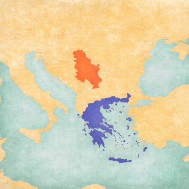 Sırbistan ve Yunanistan, suluboya resimli eski kağıt gibi yumuşak grunge ve vintage tarzında Balkanlar haritasında yer alıyorlar. 