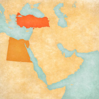 Türkiye ve Mısır, suluboya resimli eski kağıt gibi yumuşak grunge ve vintage tarzında Ortadoğu (Batı Asya) haritasında.