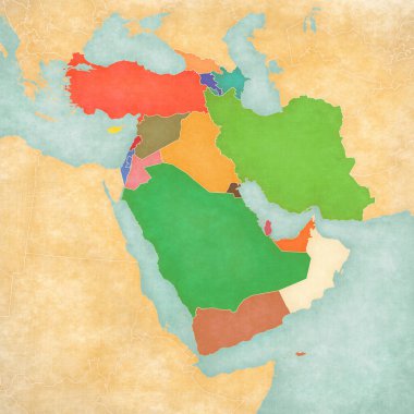 Batı Asya haritası yumuşak grunge ve eski usul, suluboya resimli eski kağıt gibi..