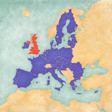 İngiltere ve Avrupa Birliği Avrupa haritasında suluboya resimli eski kağıt gibi yumuşak grunge ve vintage tarzında.