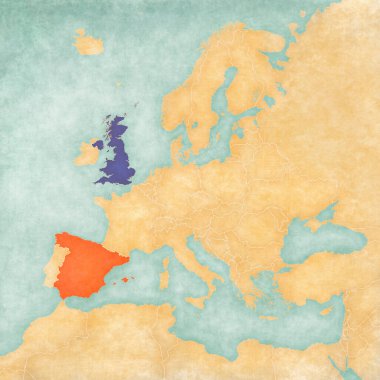 İngiltere ve İspanya Avrupa Haritası yumuşak grunge ve vintage tarzı, tarih suluboya resim ile eski kağıt gibi.
