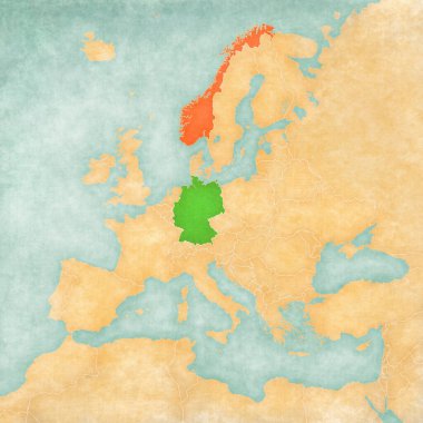 Almanya ve Norveç Avrupa haritasında suluboya resimli eski kağıt gibi yumuşak grunge ve vintage tarzında.