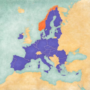 Avrupa Birliği ve Norveç, suluboya resimli eski kağıt gibi yumuşak grunge ve vintage tarzında Avrupa haritasında.