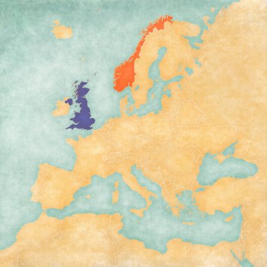 İngiltere ve Norveç Avrupa haritasında suluboya resimli eski kağıt gibi yumuşak grunge ve vintage tarzında.