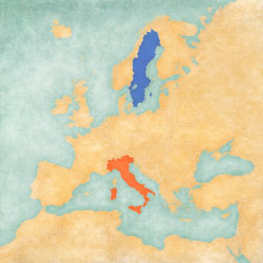 İtalya ve İsveç Avrupa haritasında suluboya resimli eski kağıt gibi yumuşak grunge ve vintage tarzında.