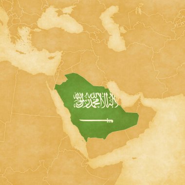 Orta Doğu 'nun (Batı Asya) sekizlik retro haritasında bayrak ile eski antika kağıda boyanmış Suudi Arabistan.