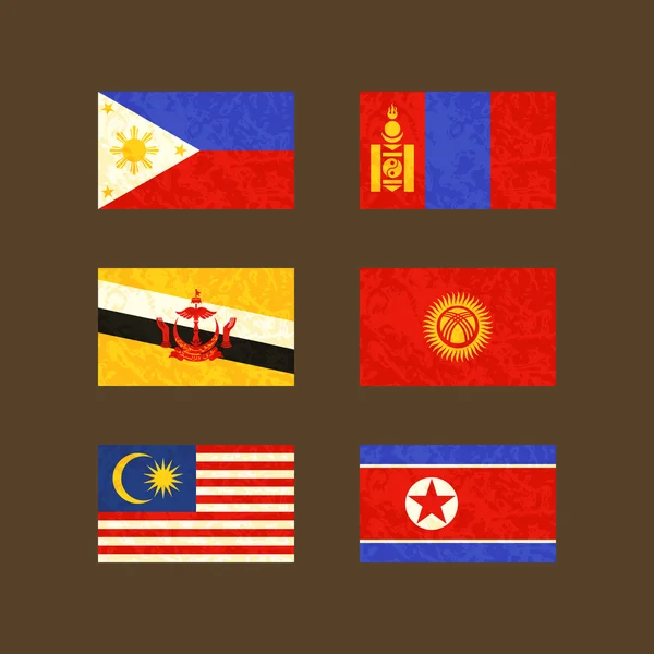 Drapeaux des Philippines, Brunei, Malaisie, Mongolie, Kirghizistan et Corée du Nord — Image vectorielle