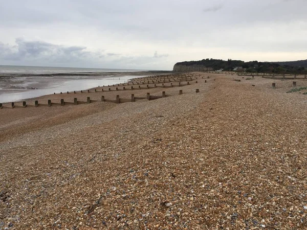 Winchelsea Strand Landschaft Blick Bei Ebbe Ausgesetzt Flachen Sand Mit — Stockfoto