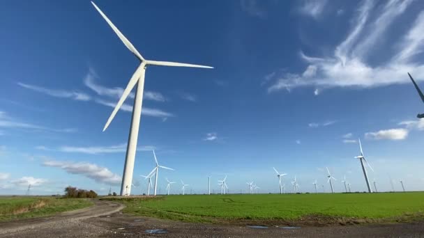 Windräder Die Strom Produzieren Windkraftanlagen Stehen Auf Blühenden Feldern Auf — Stockvideo