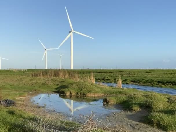 Szélturbinák Amelyek Villamos Energiát Termelnek Tükröződnek Pocsolyában Szélmalom Szélenergia Technológia — Stock videók