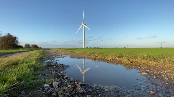 Vindkraftverk Som Producerar Elenergi Reflekteras Pöl Väderkvarn Vindkraft Teknik Produktioner — Stockvideo