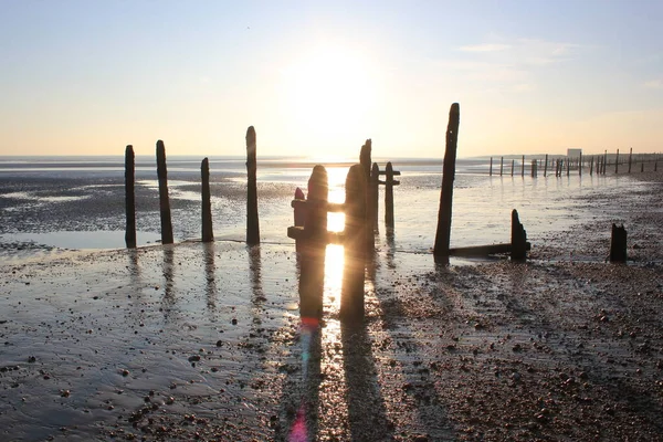 Winchelsea Strand Landschaft Blick Bei Ebbe Aussetzen Flachen Sand Mit — Stockfoto