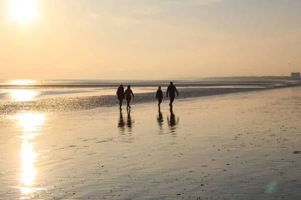 Сім Пішохідних Пляжів Силуеті Заходу Сонця Відображення Вологому Піску Низькому — стокове фото