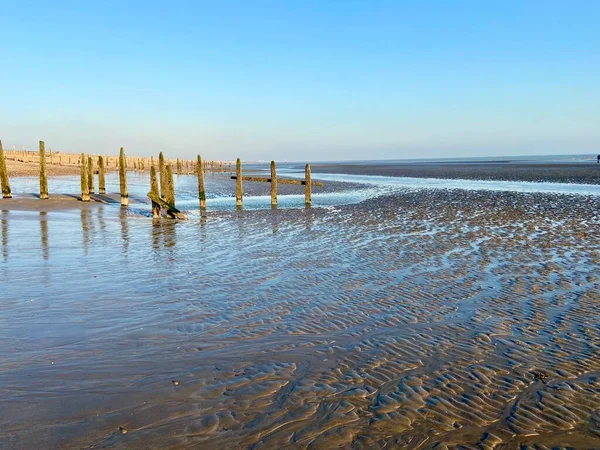 Winchelsea Beach Landscape View Low Tide Exposing Flat Sand Wooden — Stock Photo, Image