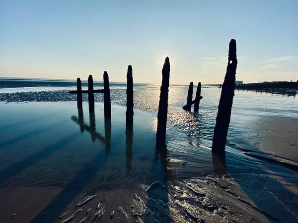 Winchelsea Plaża Krajobraz Widok Odpływ Narażając Płaski Piasek Drewnianymi Groynes — Zdjęcie stockowe