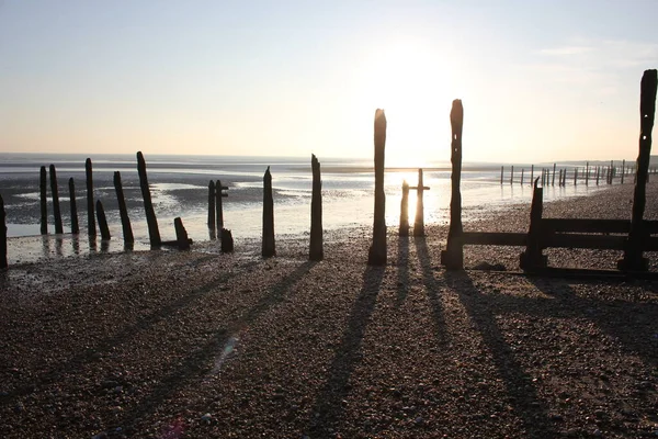 Winchelsea Beach Landscape View Low Tide Exposing Flat Sand Wooden — Stock Photo, Image