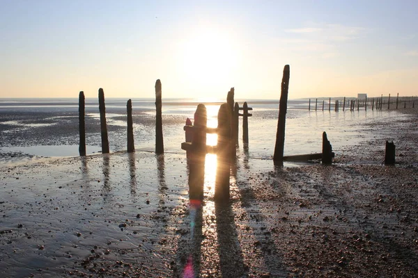 Winchelsea Beach Landscape View Low Tide Exposing Flat Sand Wooden — Stock Photo, Image