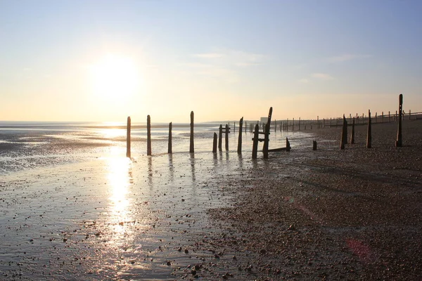 Winchelsea Beach Landscape View Low Tide Exposing Flat Sand Wooden — Stock Photo, Image