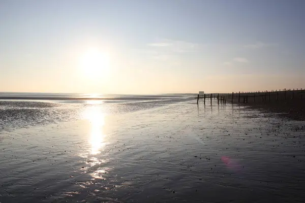 Winchelsea Beach Landscape View Low Tide Exposing Flat Sand Wooden — Stock Photo, Image