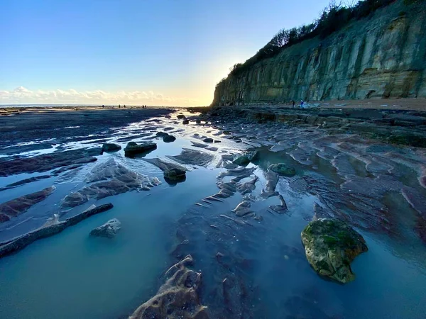 日落时的宠物水平海滩 海洋水塘和岩石在未来的前景 在英国东萨塞克斯郡的南海岸 温奇尔西海滩与悬崖峭壁相交 这是一片在低潮时看得见的石化森林 图库图片