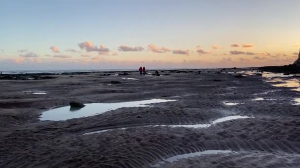 サンセットのペットレベルビーチ 手前に海の水と岩のプールがあります ウィンチェルシービーチは イギリスの南海岸で 干潮時に見られるペットレベルの崖を満たしています East Sussex — ストック動画