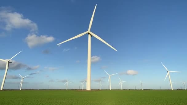 発電用の風力発電機 風力発電技術は青い空と緑のフィールドに立つ風力タービンを生産 株式映像 — ストック動画